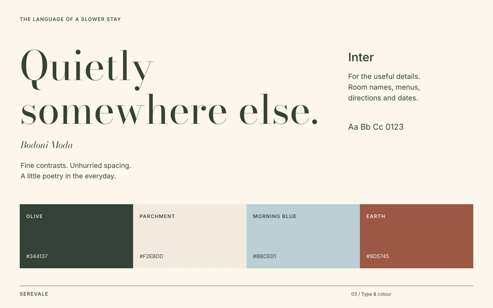 Bodoni Moda for the name and headlines, Inter for the details; olive, parchment, morning blue and earth.