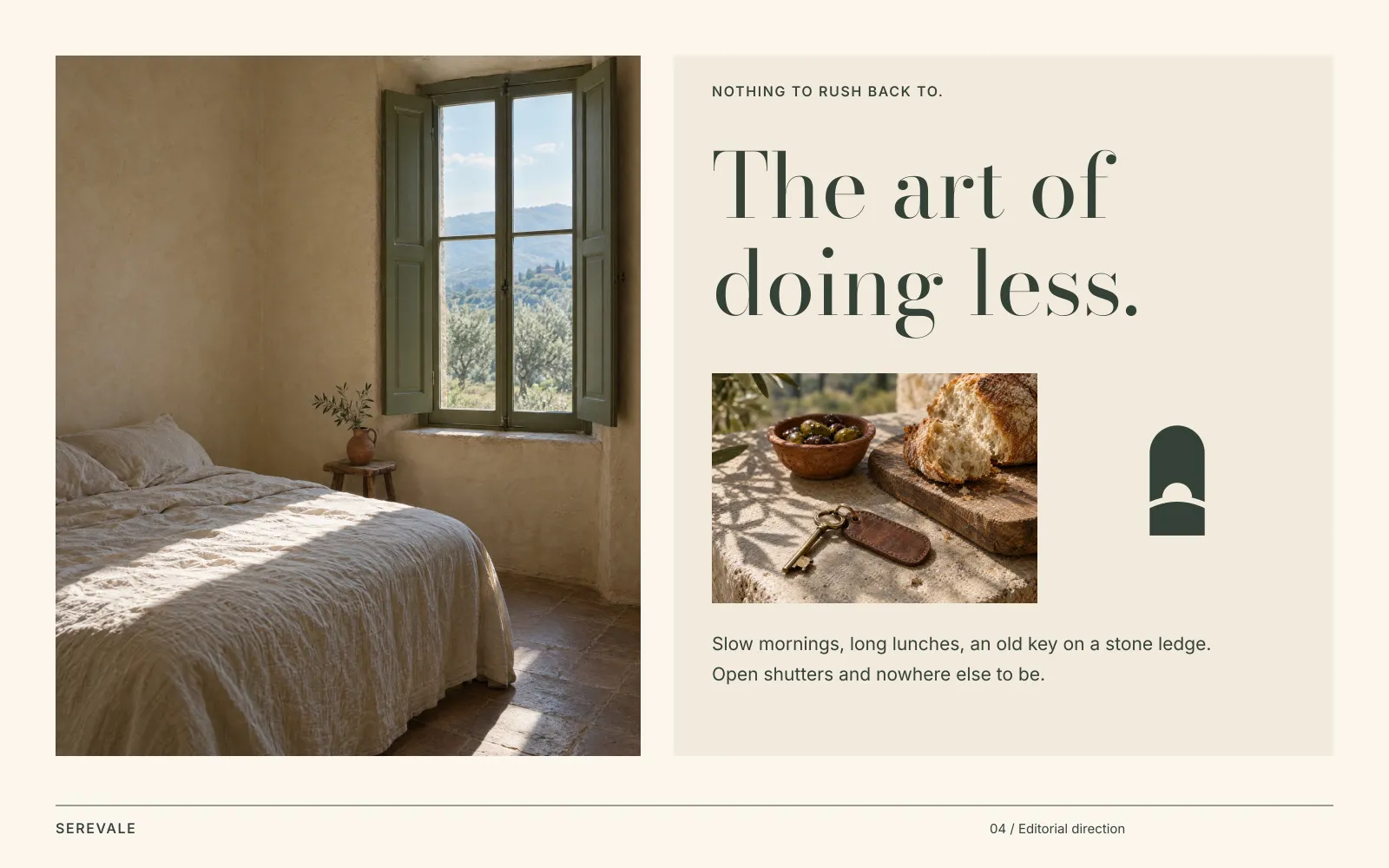 The editorial layout: a guest room with the shutters open, and the key left on a ledge.