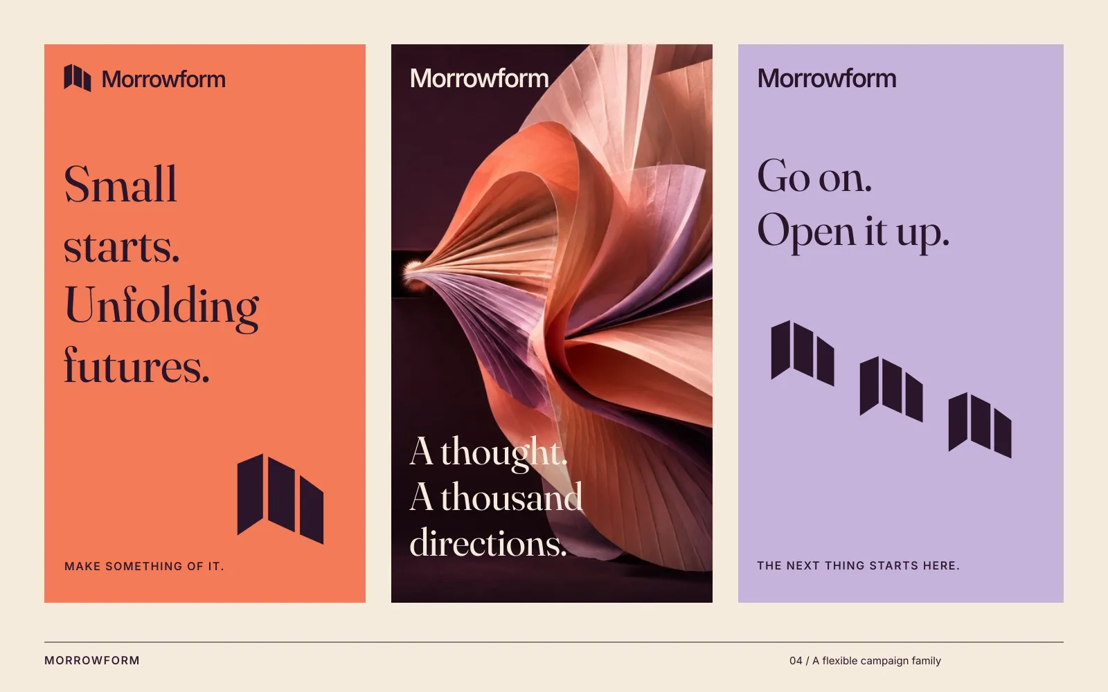 Three posters: one led by type, one by the paper, one by the mark.
