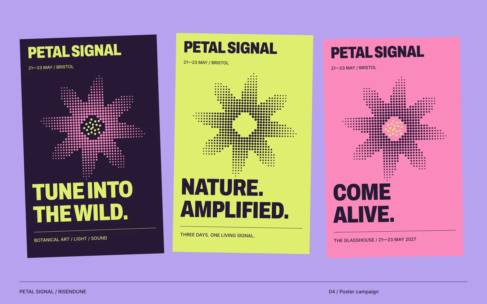 Three posters: same flower, different colour and message.