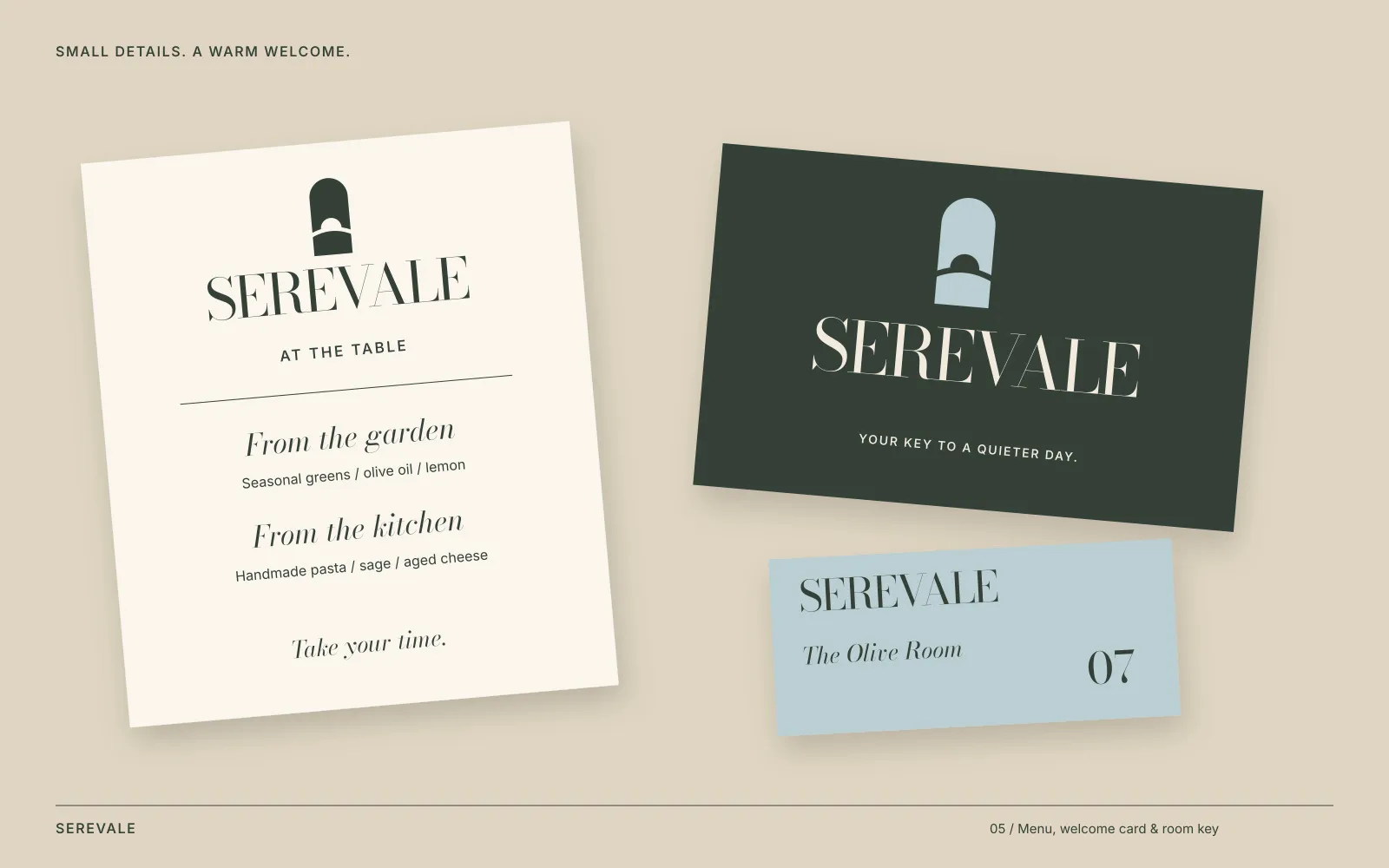 The menu, the welcome card and the key card for the Olive Room.