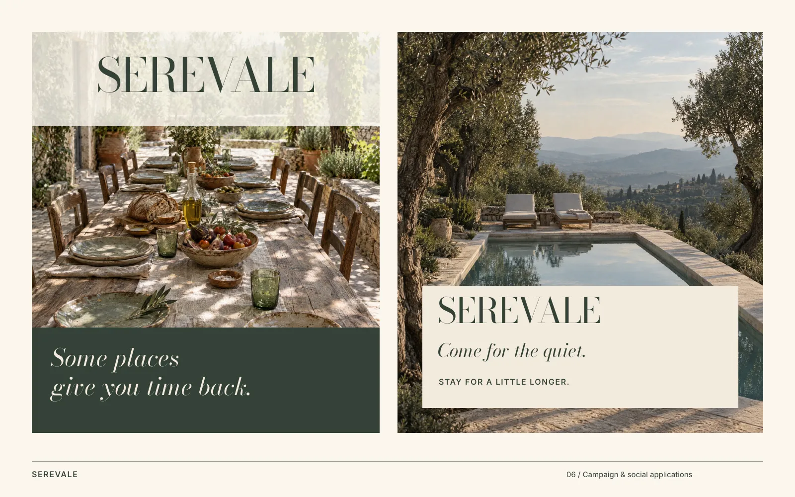 Two campaign layouts: lunch under the vines, and the pool in the olive grove.