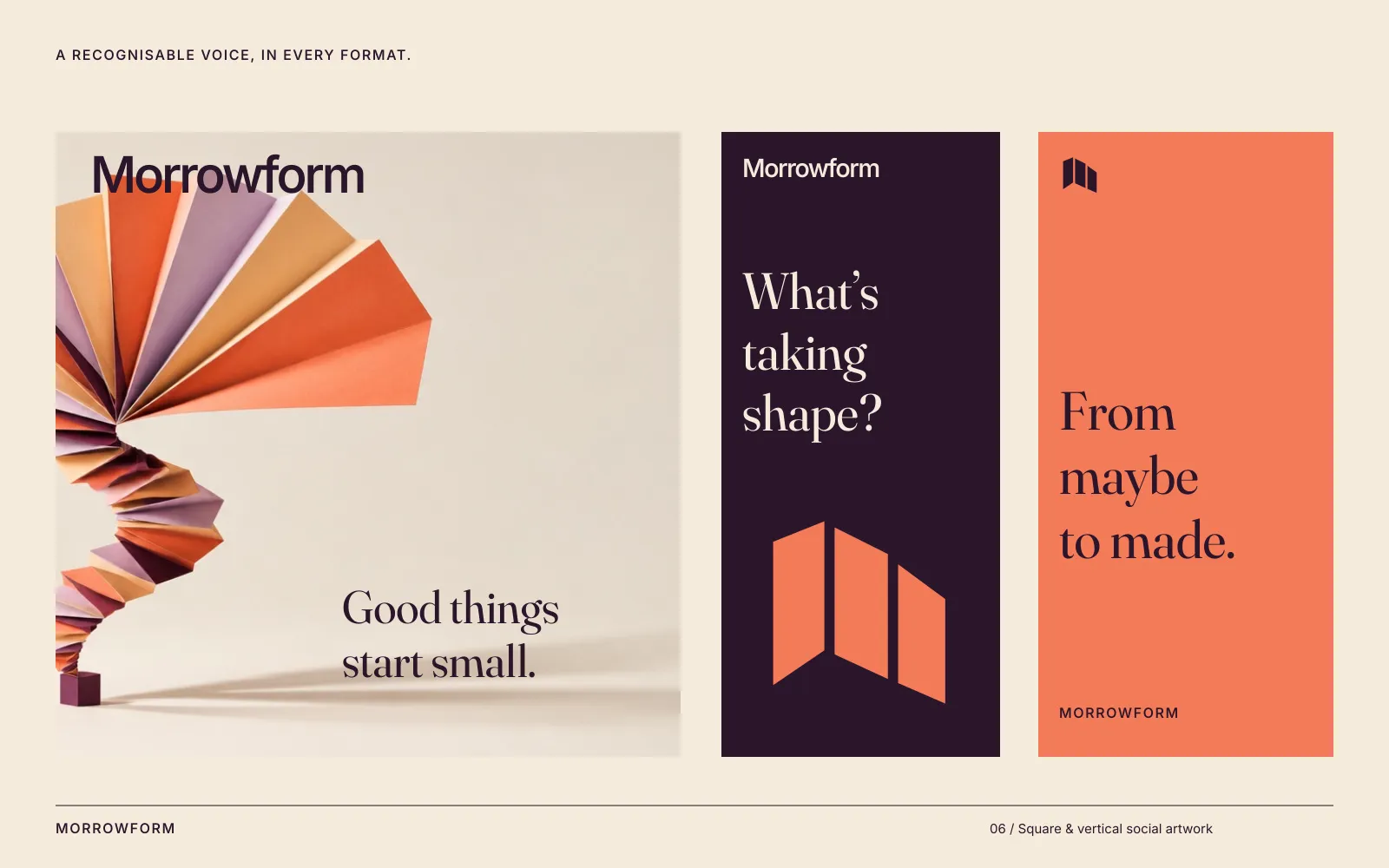 Social posts, square and vertical, in the same voice.
