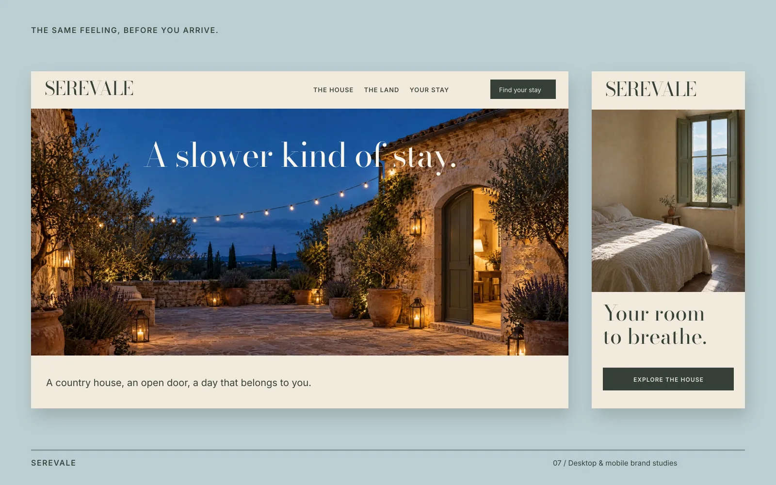 The website on desktop and phone: the courtyard at dusk, and a room to come back to.