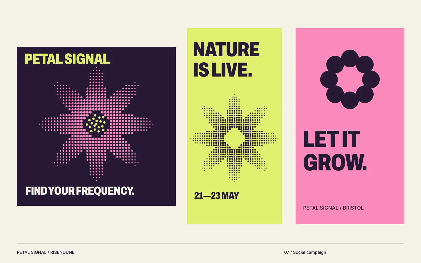 Social posts, switching between the dotted bloom and the simple symbol.