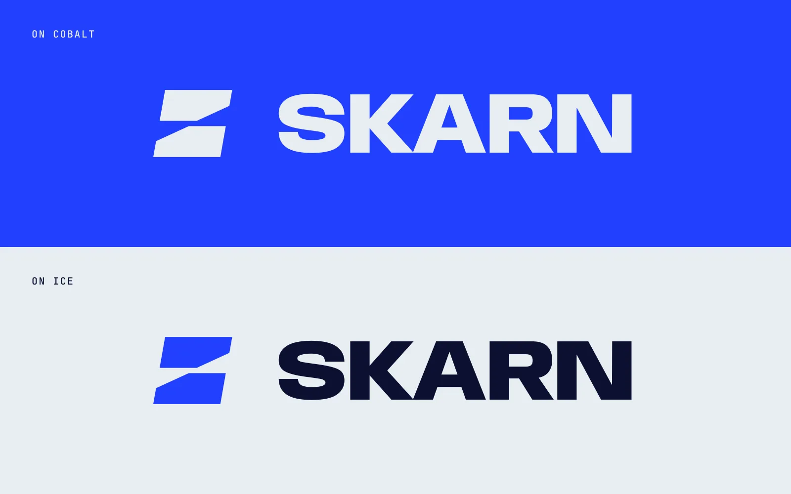 The lockup: the Contact mark beside the SKARN wordmark, on cobalt and on ice.