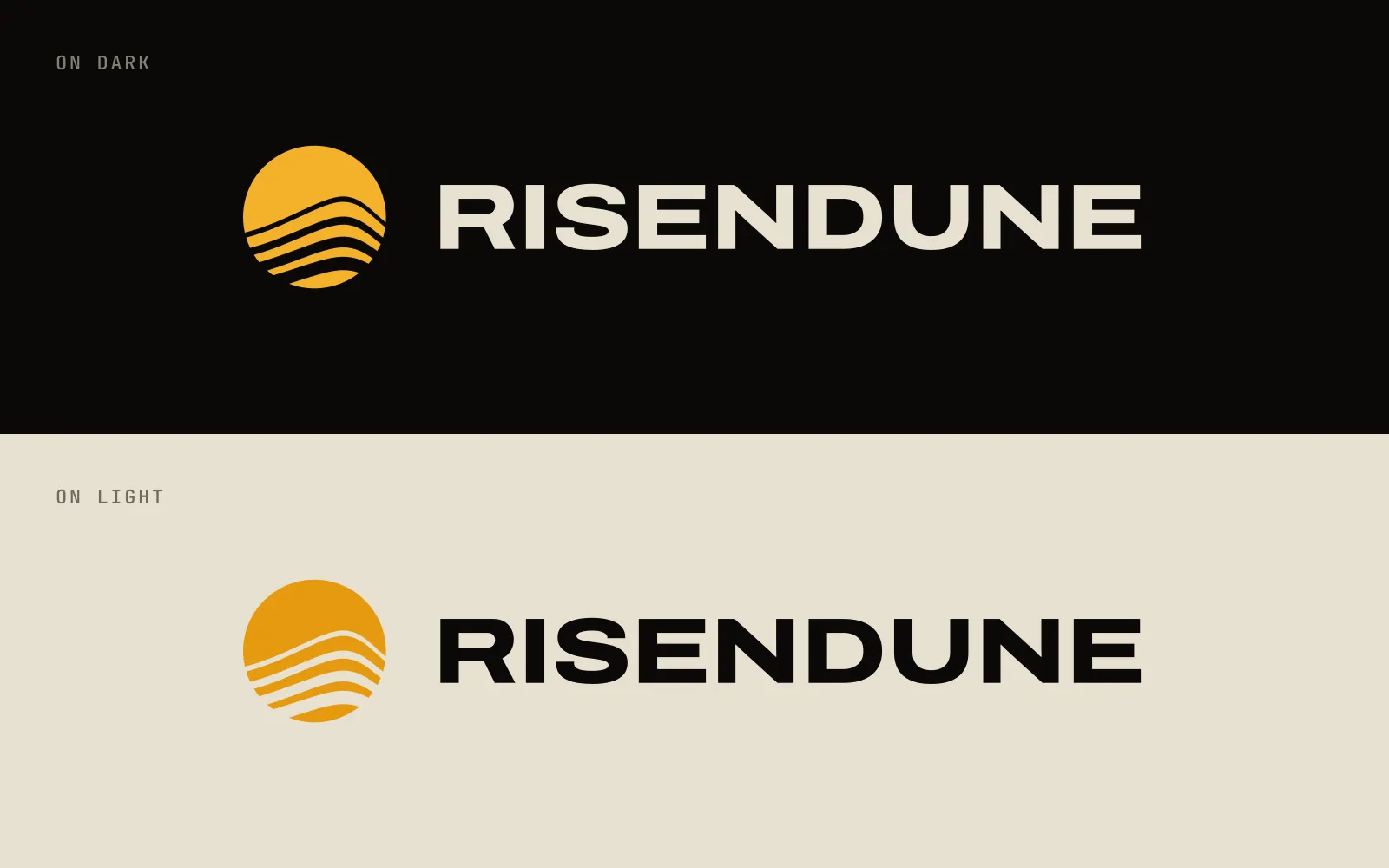 The lockup: a gold sun cut by contour lines arching over a dune, beside the RISENDUNE wordmark, on dark and on light.