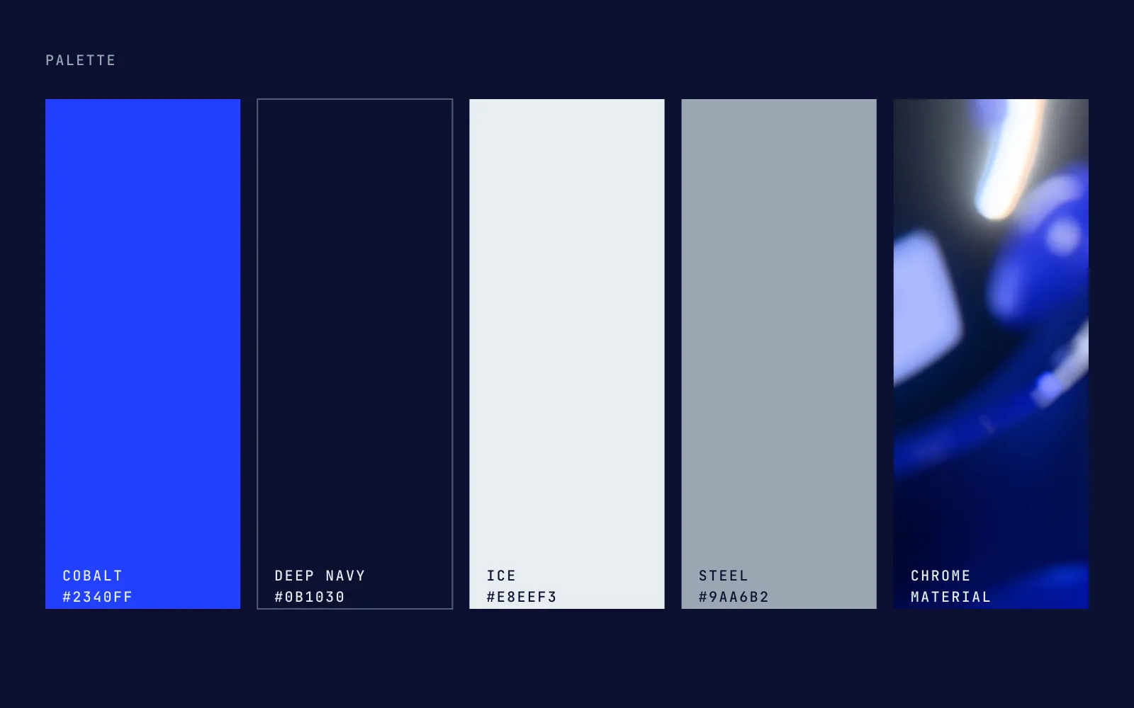 The palette: cobalt, deep navy, ice and steel, with chrome as the material that ties the merch together.
