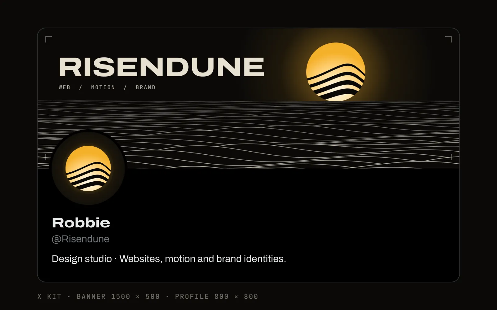 The X kit: a 1500 × 500 banner of the dunes at sunrise, and the Contour Sun as the profile picture, lit the same way.