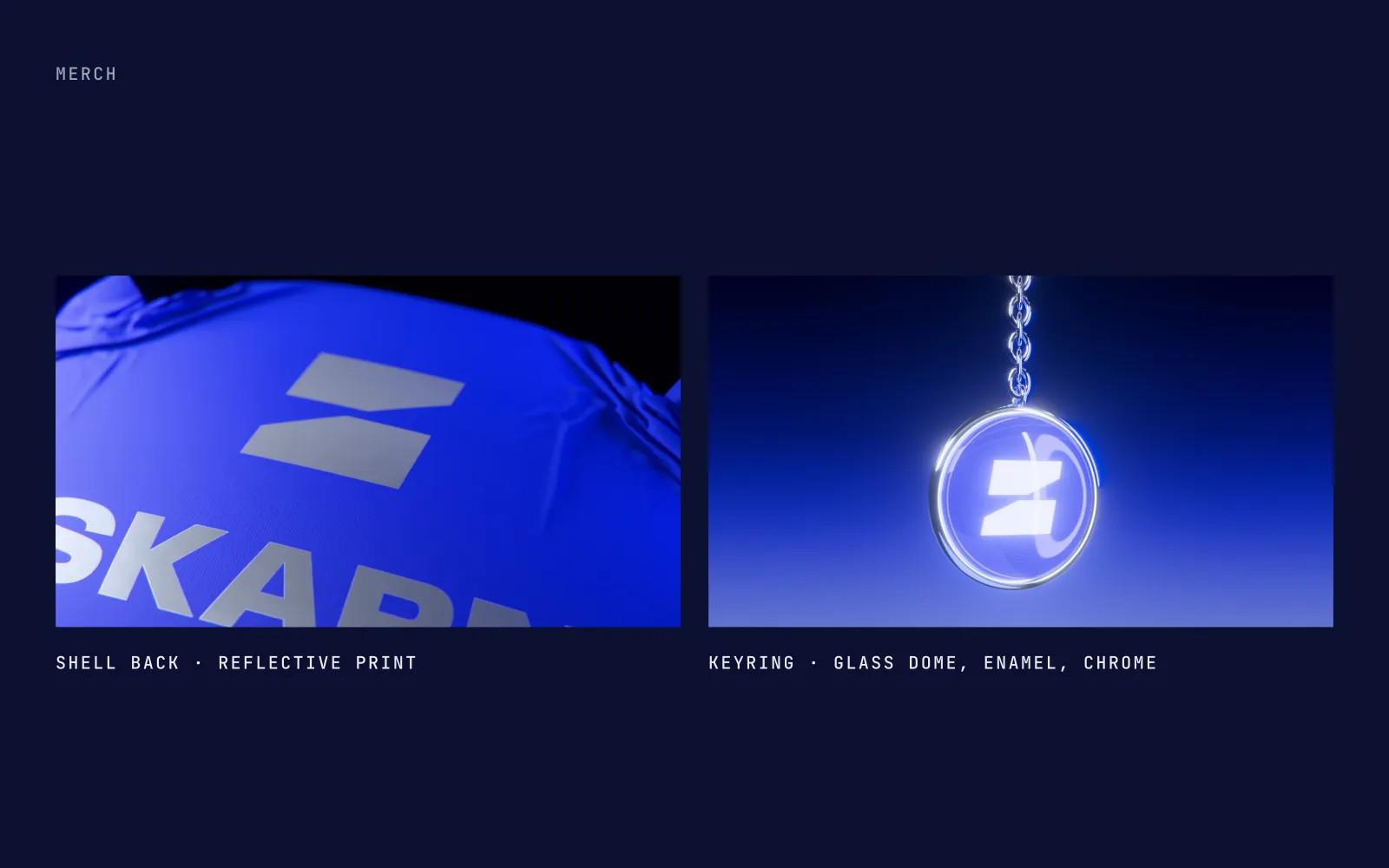 The merch: the shell's back in reflective print, and a glass-domed enamel keyring.