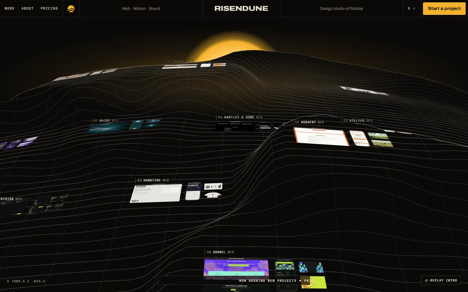 On the site: the header and the Dune Field, drawn with the same contour lines as the mark.