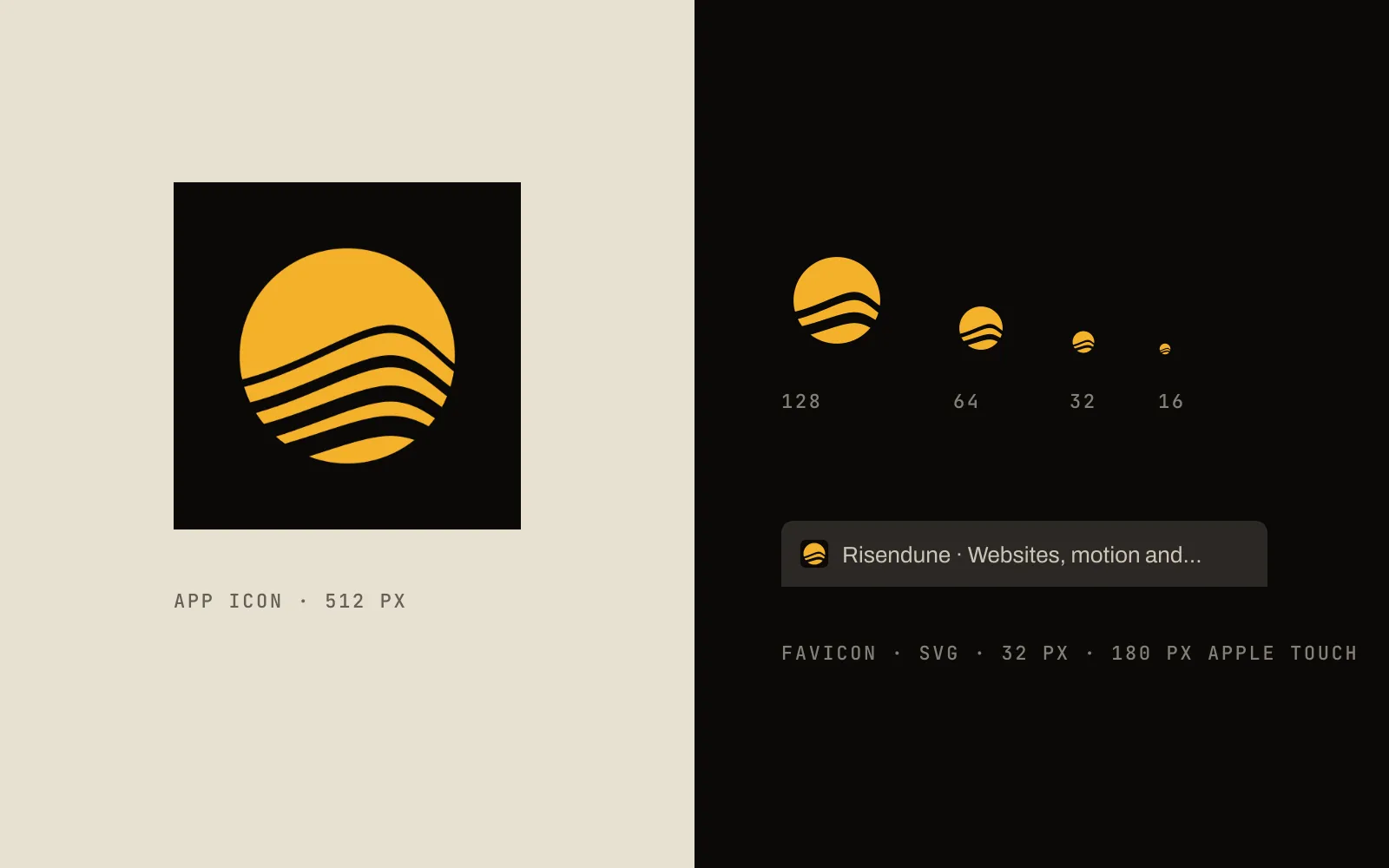 The favicon and app icon: below 40 px the mark drops to two heavier contour cuts, so it still reads at 16 px.