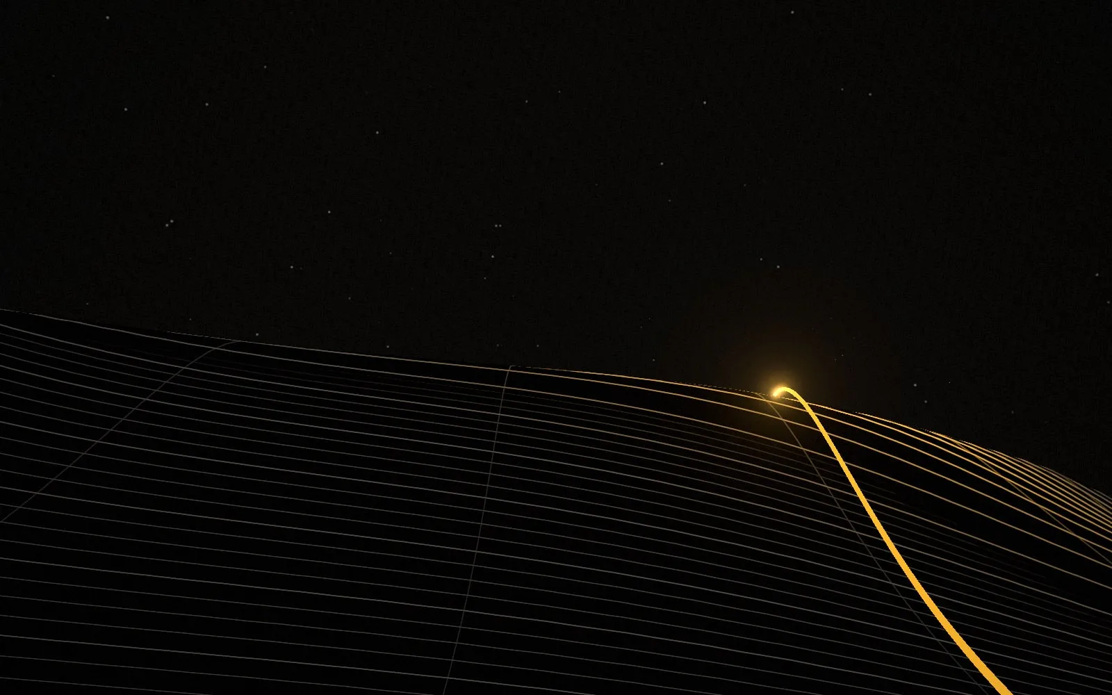 A gold line racing up a giant contour-line dune in the dark