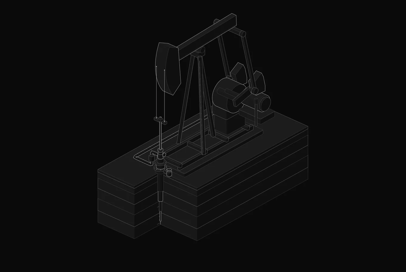 A beam pumping unit over an oil well, with the ground cut away to show the casing strings going down.